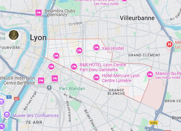 Carte de Lyon centrée sur le quartier Part-Dieu/Gambetta, affichant plusieurs hôtels : B&B, Mercure, Yasi Hostel. Zone mise en évidence.