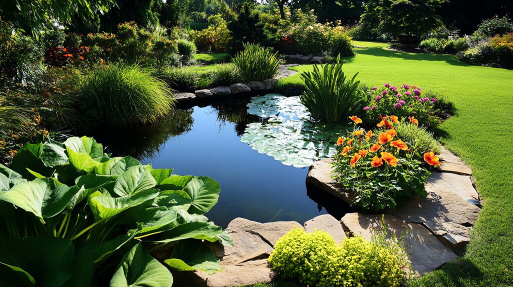 Jardin luxuriant avec étang paisible, nénuphars, grandes feuilles vertes, buissons fleuris orange/rose et pelouse verdoyante.